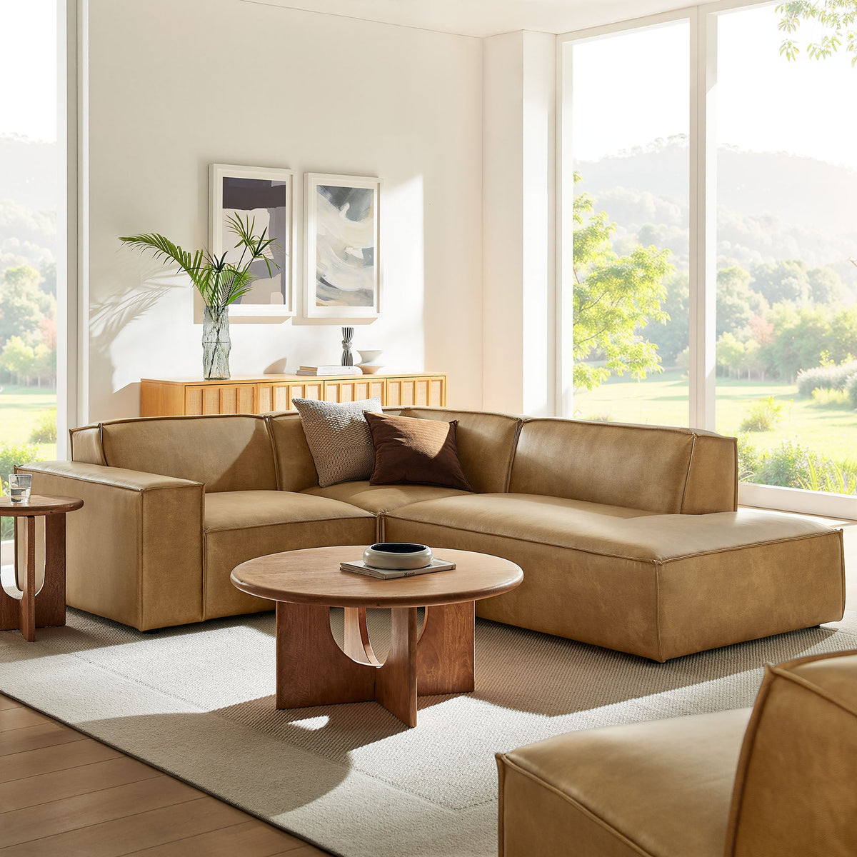 Restore 3-piece vegan leather modular L-shaped sectional sofa in espresso/toast on Tampa Home & Garden Store