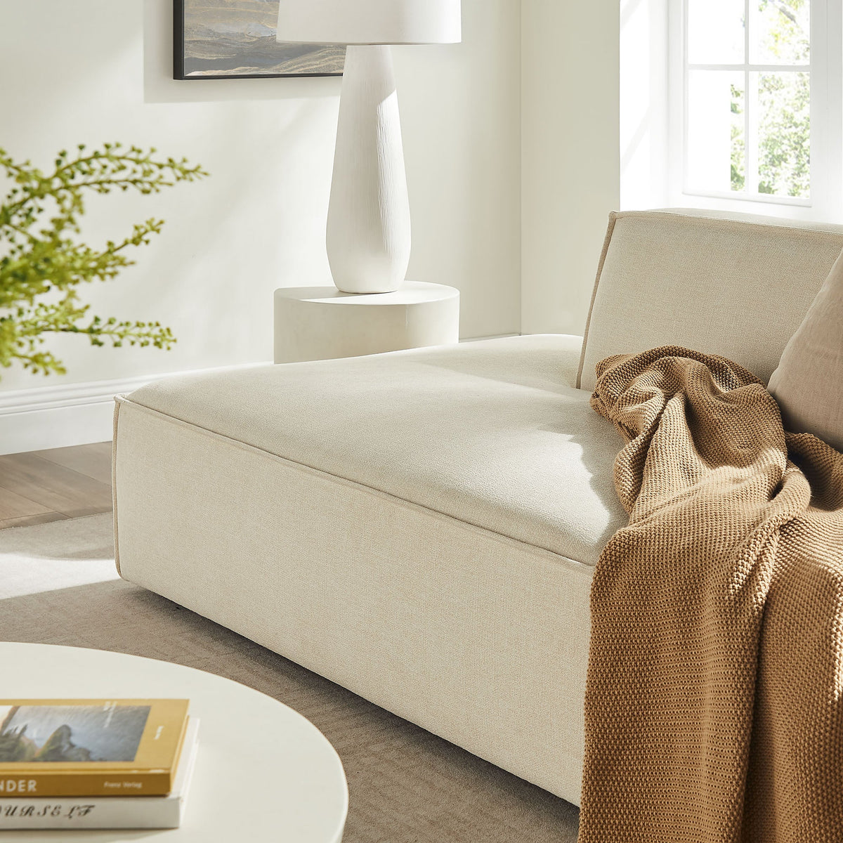 Modway Restore 2-Piece Modular Loveseat in ecru performance fabric; beige sofa with a knit throw on Tampa Home & Garden Store