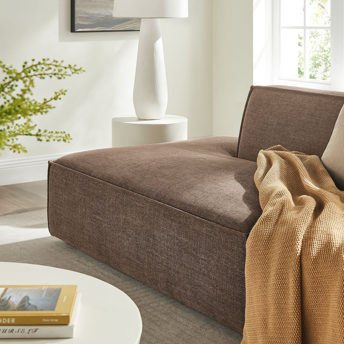Modway Restore 2-Piece mocha modular loveseat with textured fabric in a bright living room on Tampa Home & Garden Store