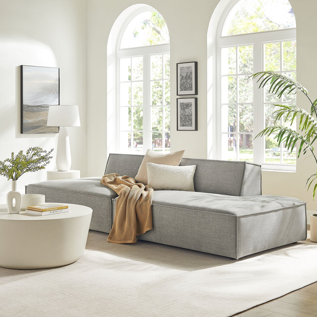 Modway Restore 2-Piece modular loveseat in gray performance fabric with two beige cushions on Tampa Home & Garden Store