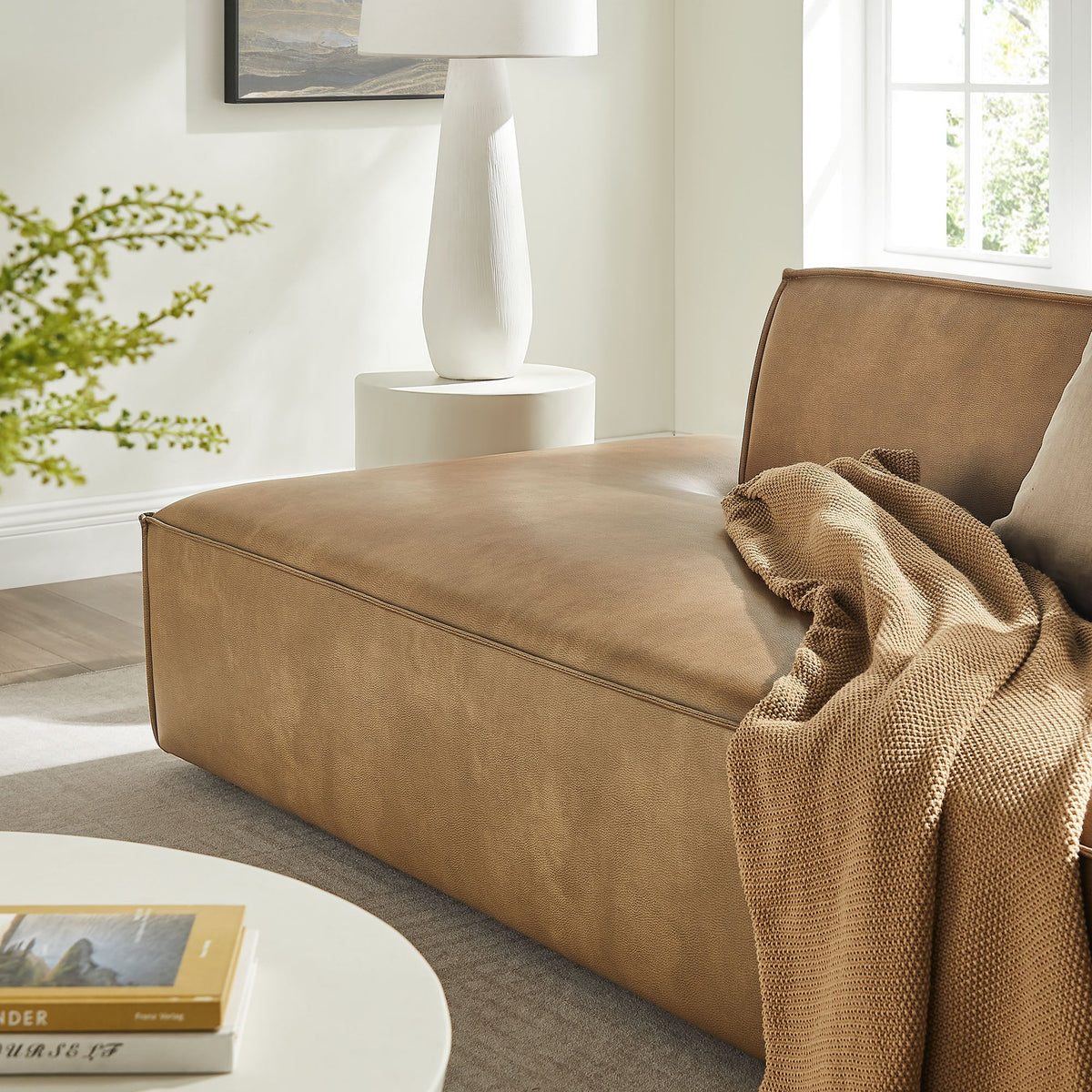 Restore 2-Piece vegan leather modular loveseat in espresso/toast by Modway, tan knit throw on Tampa Home & Garden Store