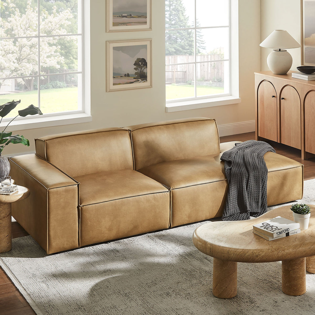 Restore 2-Piece Vegan Leather Modular Loveseat Espresso/Toast tan modular sofa on Tampa Home & Garden Store