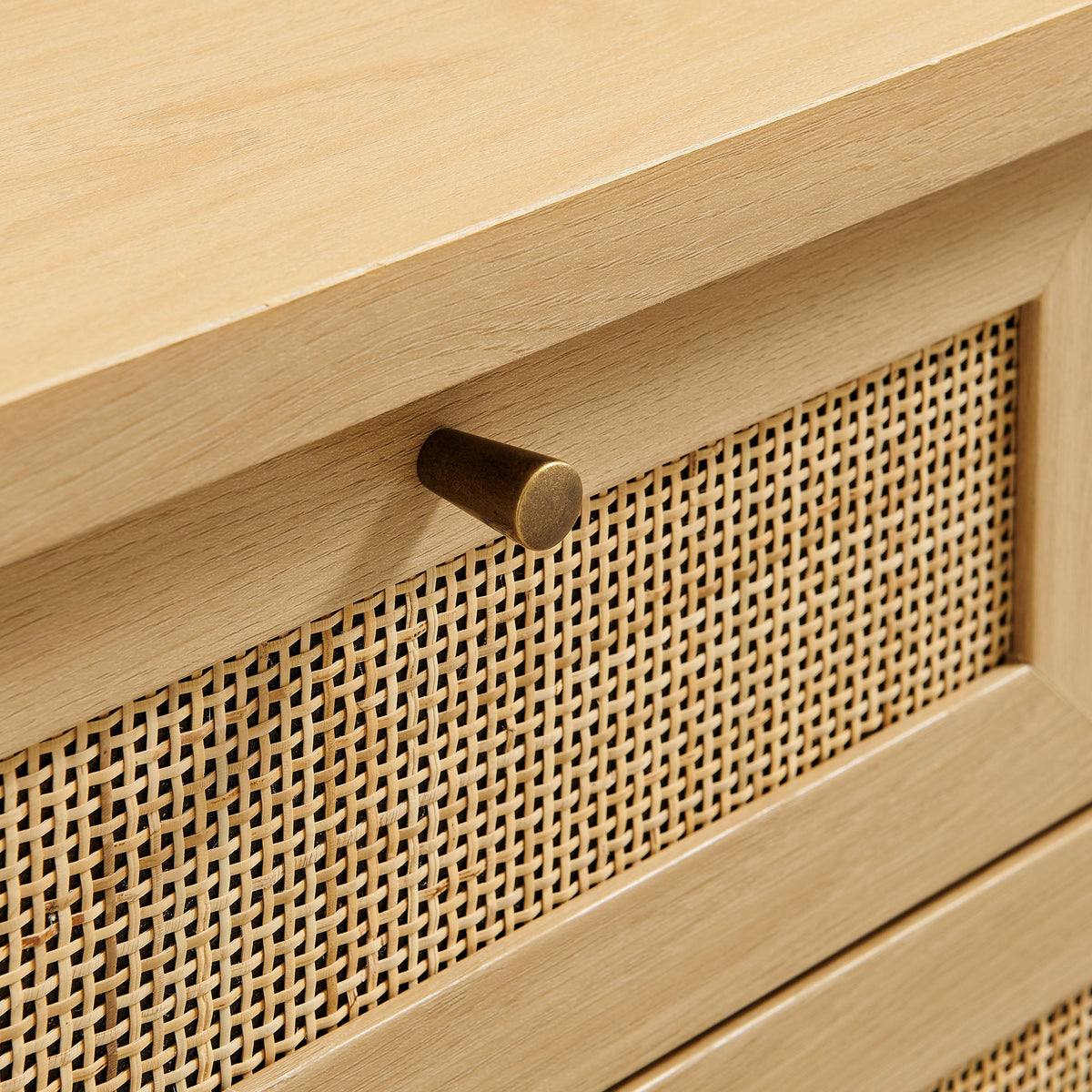 Soma 62 Inch Rattan Console Table closeup natural wood finish cane front panel brass knob on Tampa Home & Garden Store