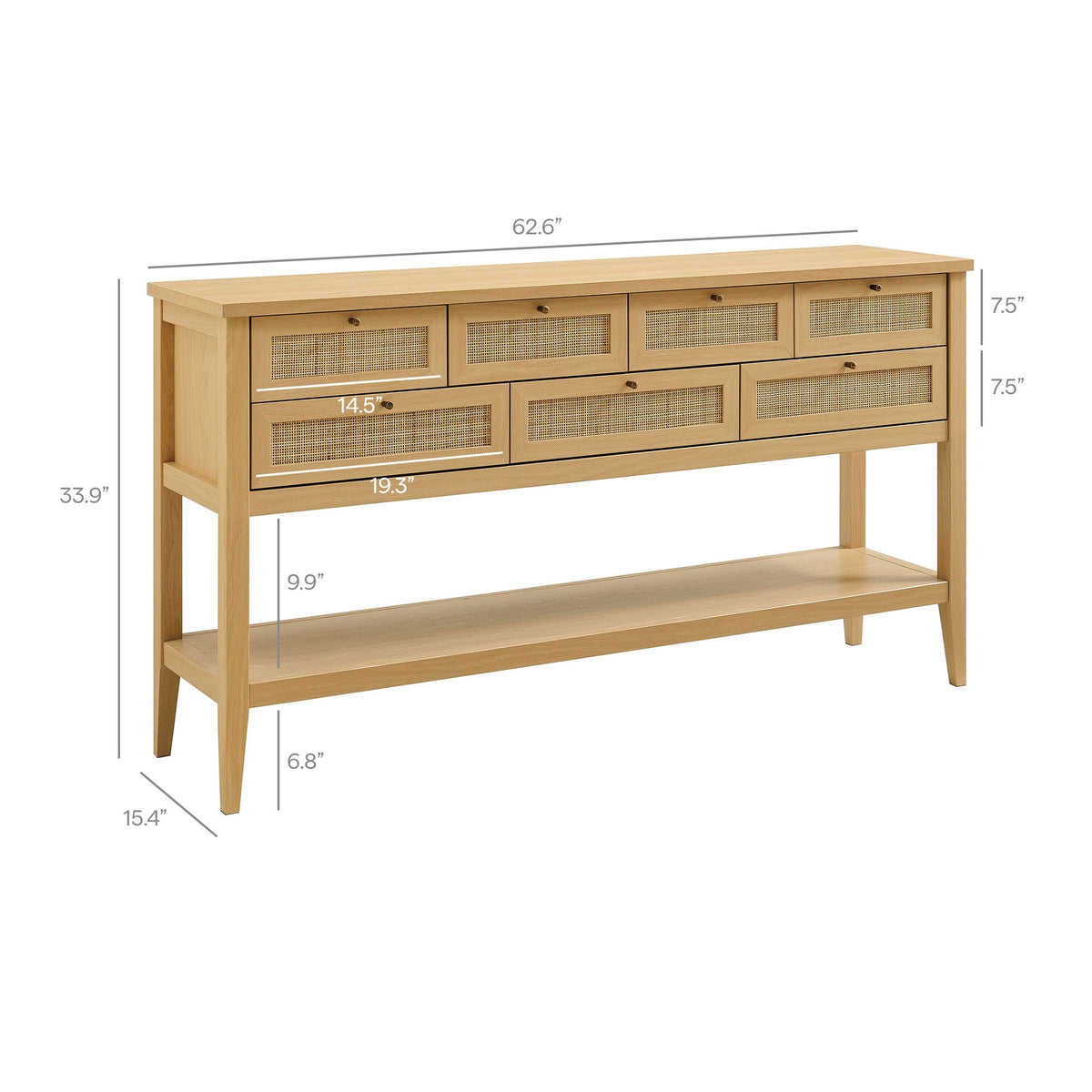Soma 62 Inch Rattan Console Table natural wood finish with cane-woven drawer fronts on Tampa Home & Garden Store