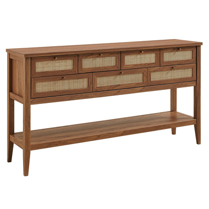 Soma 62in rattan console table by Modway with cane-front drawers in warm wood tone on Tampa Home & Garden Store