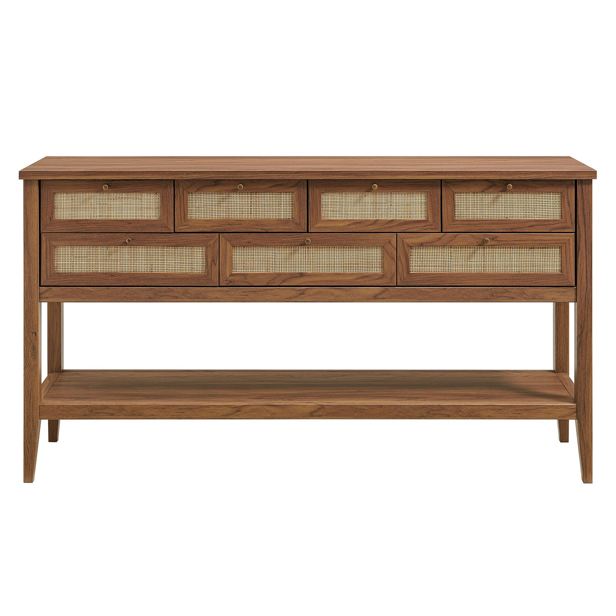 Soma 62 Inch Rattan Console Table by Modway; wood finish with caned drawer fronts on Tampa Home & Garden Store