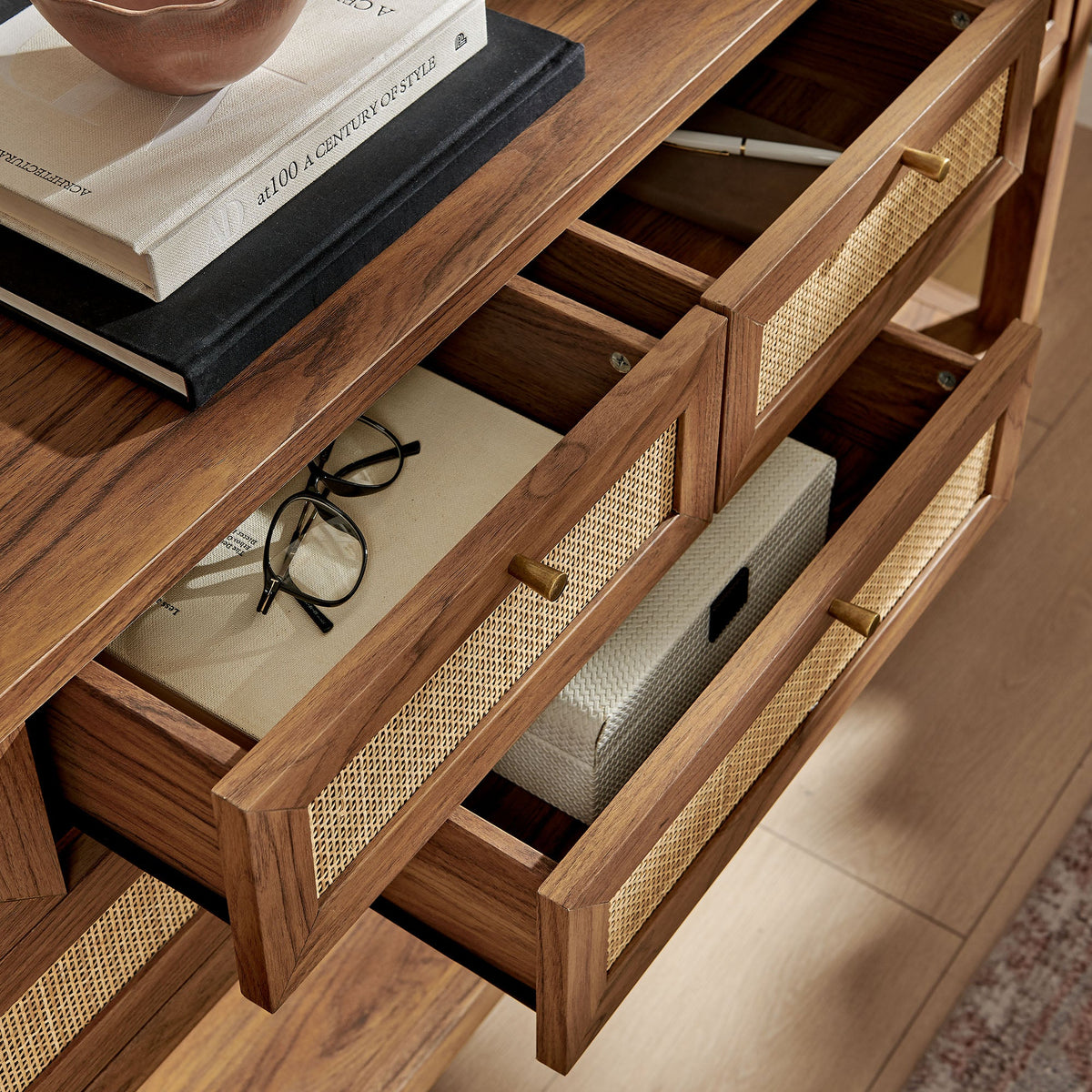 Soma 62 Inch Rattan Console Table with cane-woven drawers in warm wood by Modway on Tampa Home & Garden Store