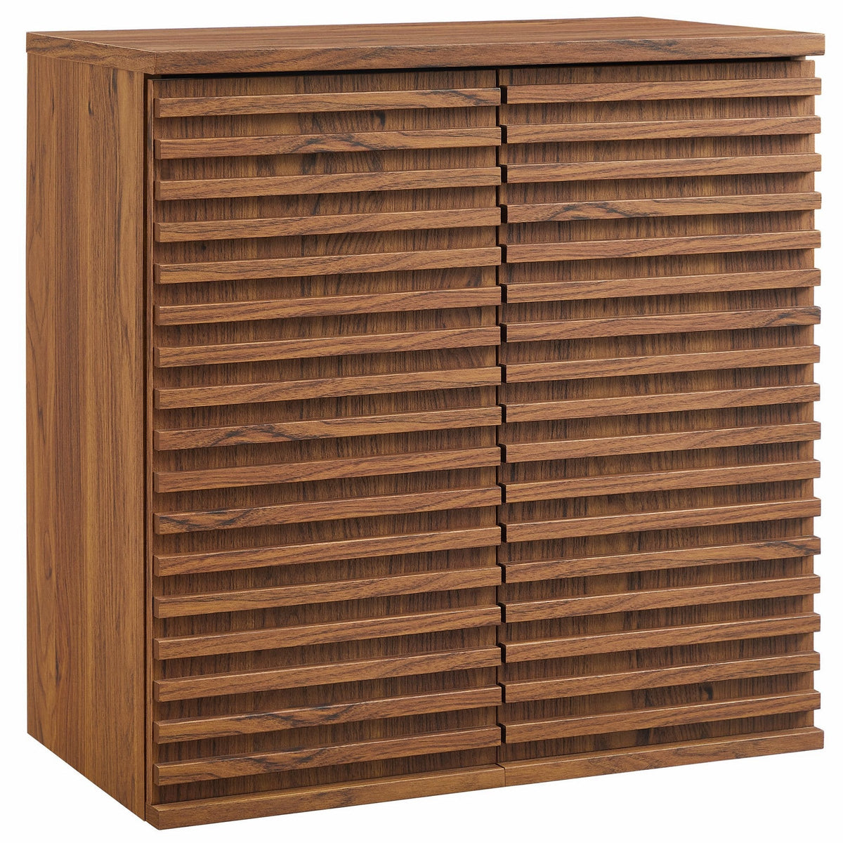 Render wall mounted bathroom cabinet with dark wood slatted front for organized storage on Tampa Home & Garden Store
