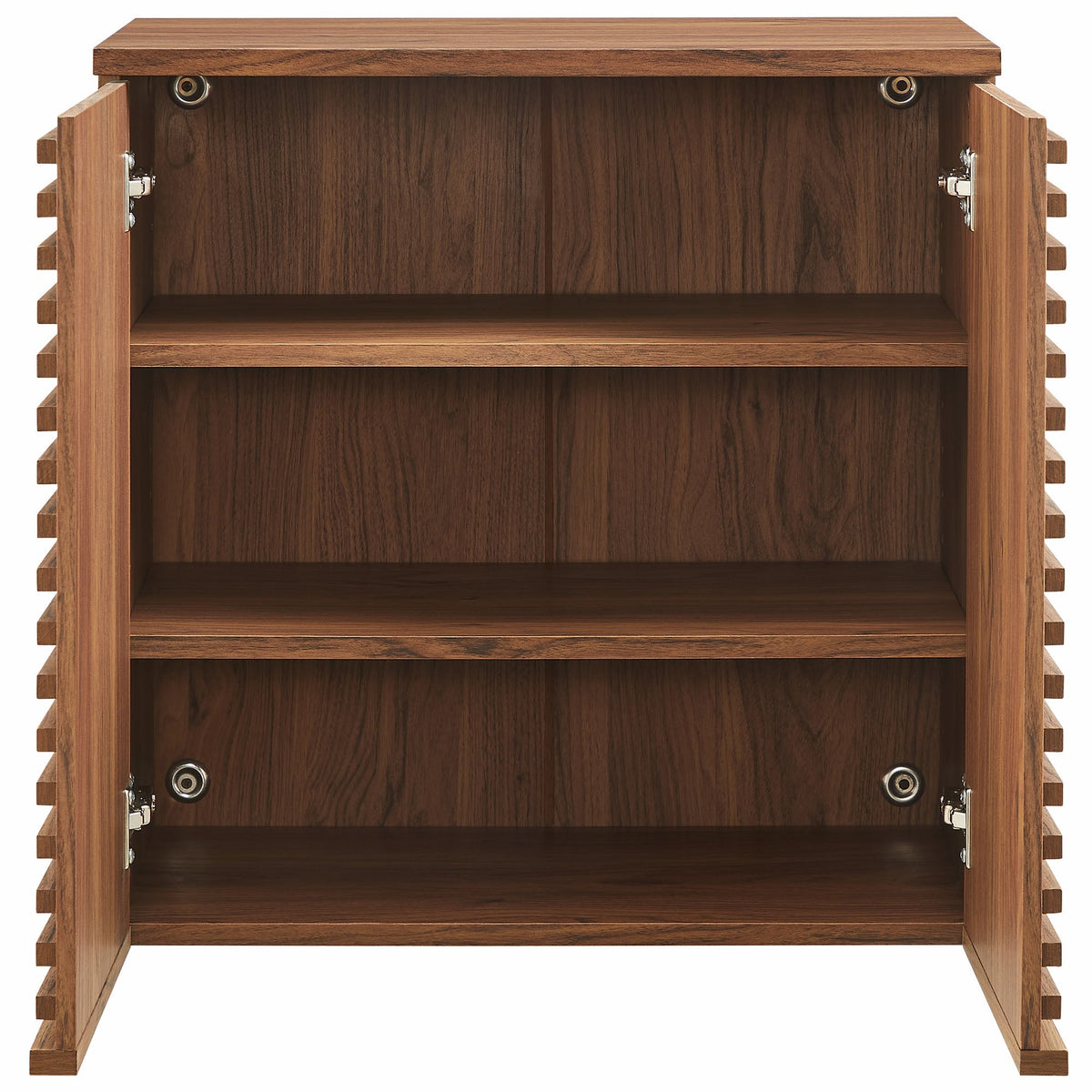 Wall-mounted bathroom cabinet in dark walnut wood with slatted side panels on Tampa Home & Garden Store
