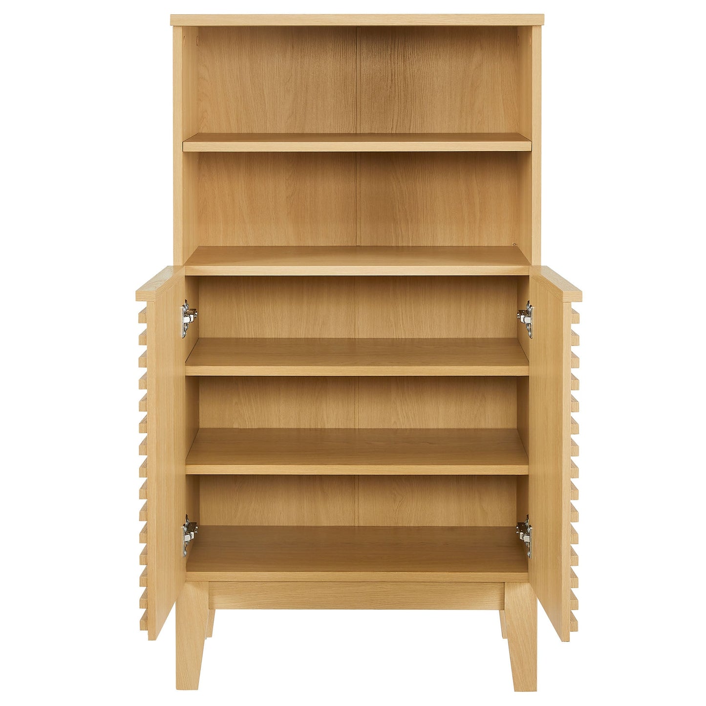 Render Freestanding Bathroom Storage Cabinet in light oak finish with open shelf and bottom doors on Tampa Home & Garden Store