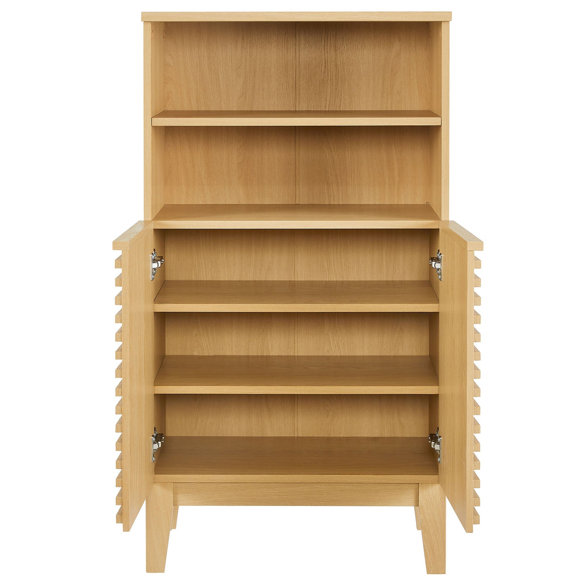 Render Freestanding Bathroom Storage Cabinet in light oak finish with open shelf and bottom doors on Tampa Home & Garden Store