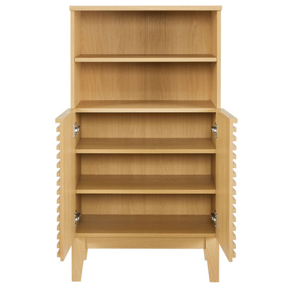 Render Freestanding Bathroom Storage Cabinet in light oak finish with open shelf and bottom doors on Tampa Home & Garden Store