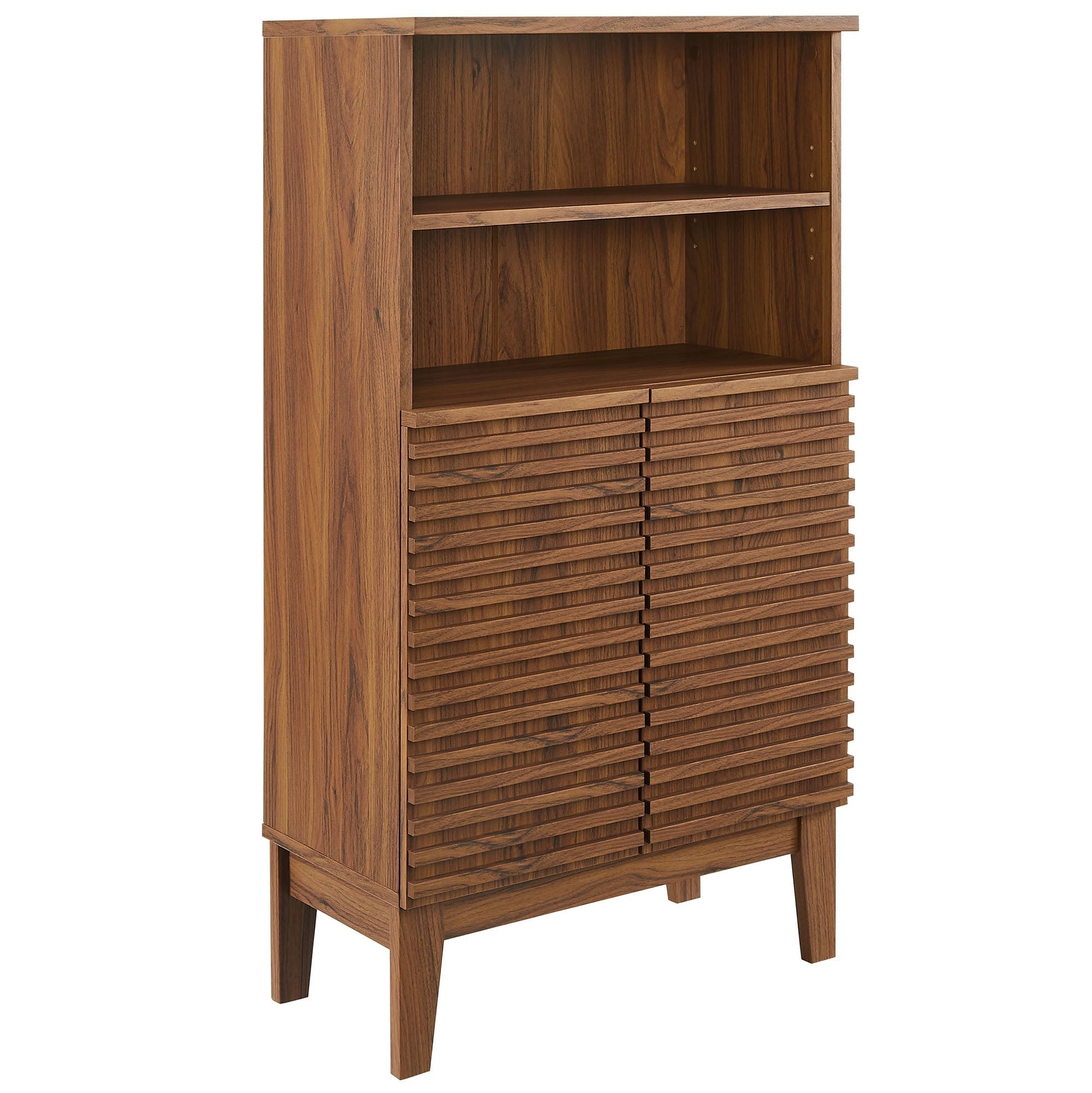 Render freestanding bathroom storage cabinet in warm walnut wood with open upper shelf and slatted lower doors on Tampa Home & Garden Store