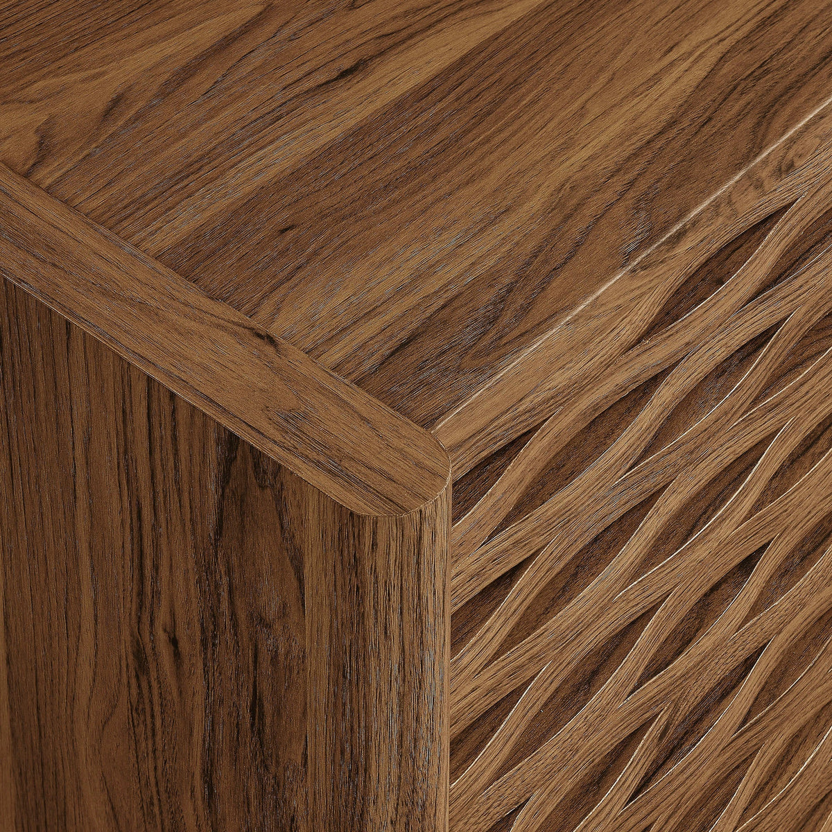 Emric Wave Accent Cabinet wood grain veneer close-up in warm brown finish on Tampa Home & Garden Store