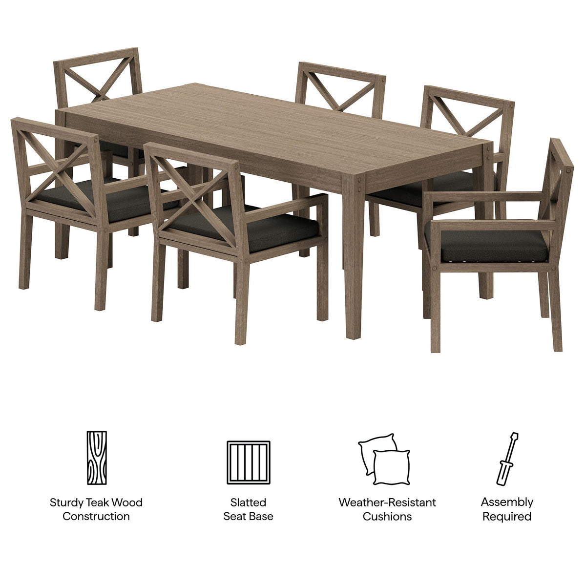 Northlake 7-Piece Outdoor Teak Wood Dining Set by Modway with dark cushions and X-back chairs on Tampa Home & Garden Store