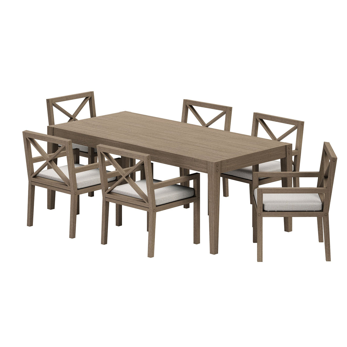 Northlake 7-Piece Outdoor Teak Wood Dining Set with cross-back chairs and beige cushions on Tampa Home & Garden Store
