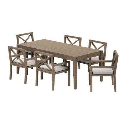 Northlake 7-Piece Outdoor Teak Wood Dining Set with cross-back chairs and beige cushions on Tampa Home & Garden Store