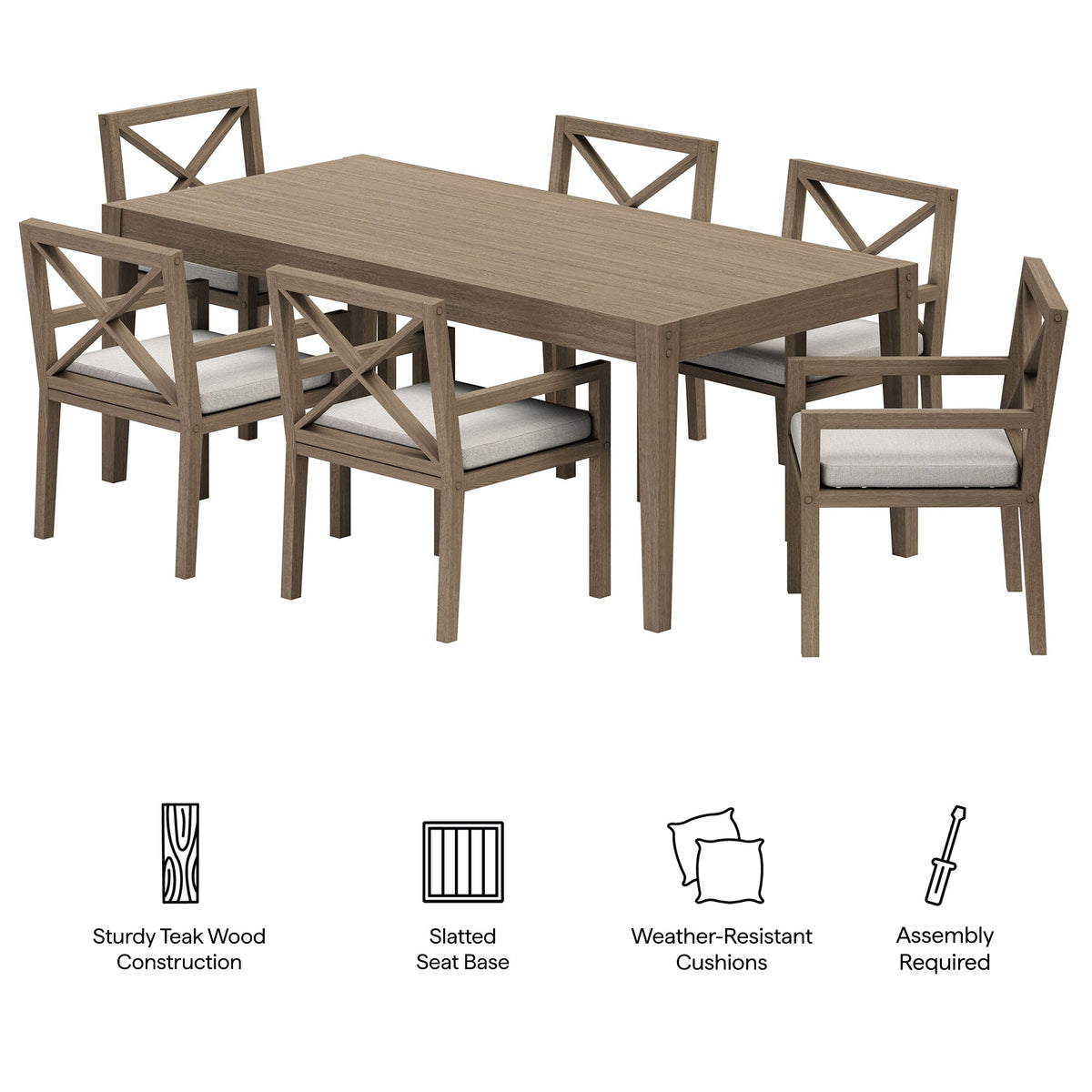 Northlake 7-piece outdoor teak dining set with cross-back chairs and gray cushions by Modway on Tampa Home & Garden Store