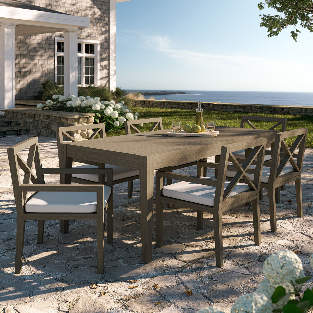 Northlake 7-Piece Outdoor Patio Teak Wood Dining Set by Modway with 6 chairs and white cushions on Tampa Home & Garden Store