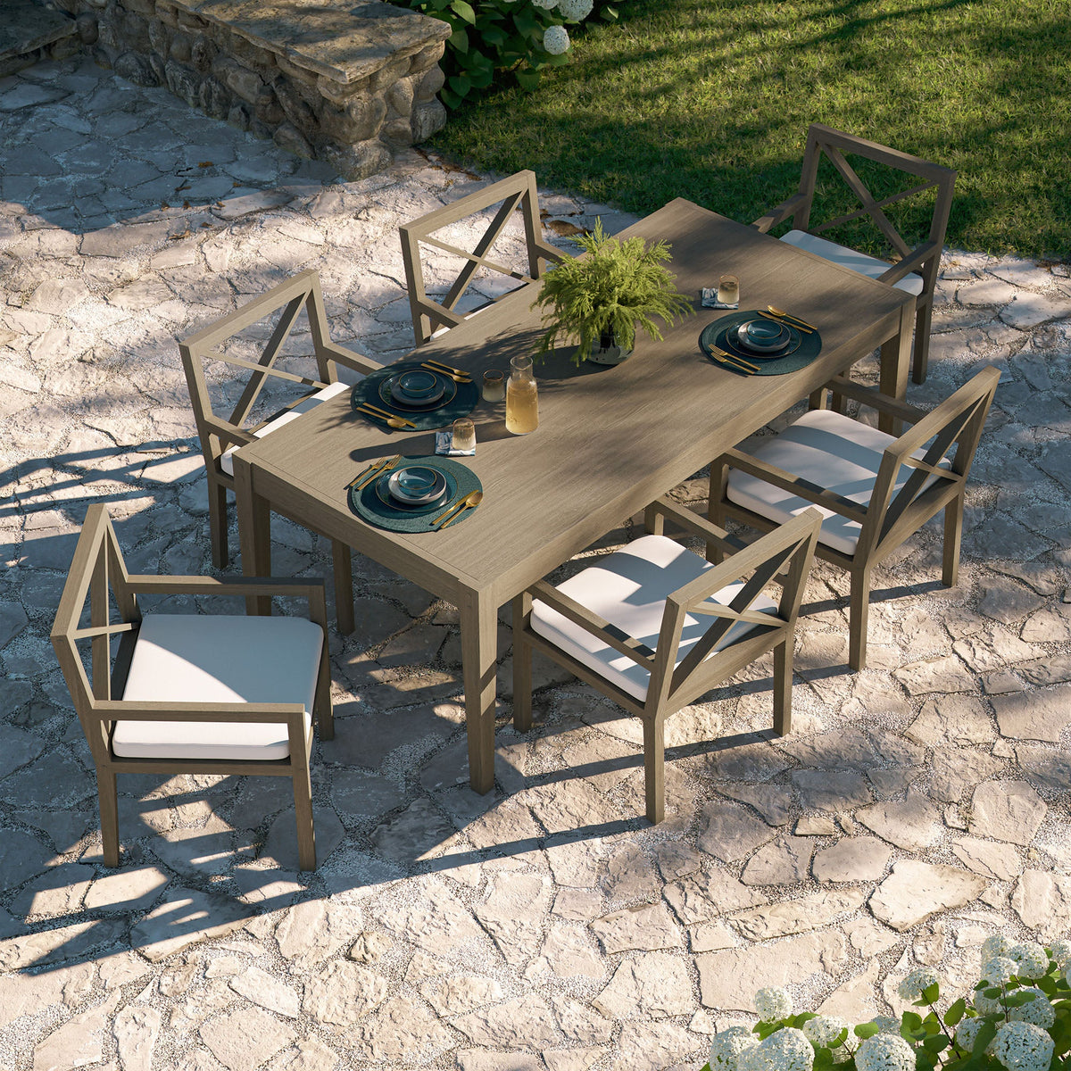 Northlake 7-piece teak outdoor dining set by Modway with wood finish and white cushions on Tampa Home & Garden Store
