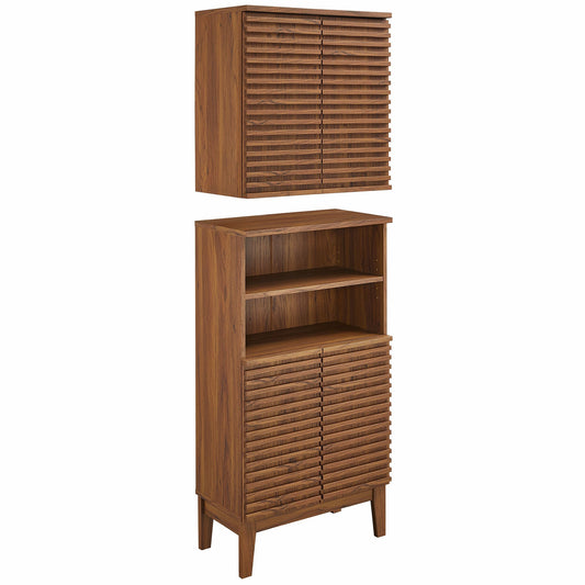 Render Bathroom Cabinet Set by Modway in walnut wood with slatted doors; 2-piece bathroom cabinet suite on Tampa Home & Garden Store