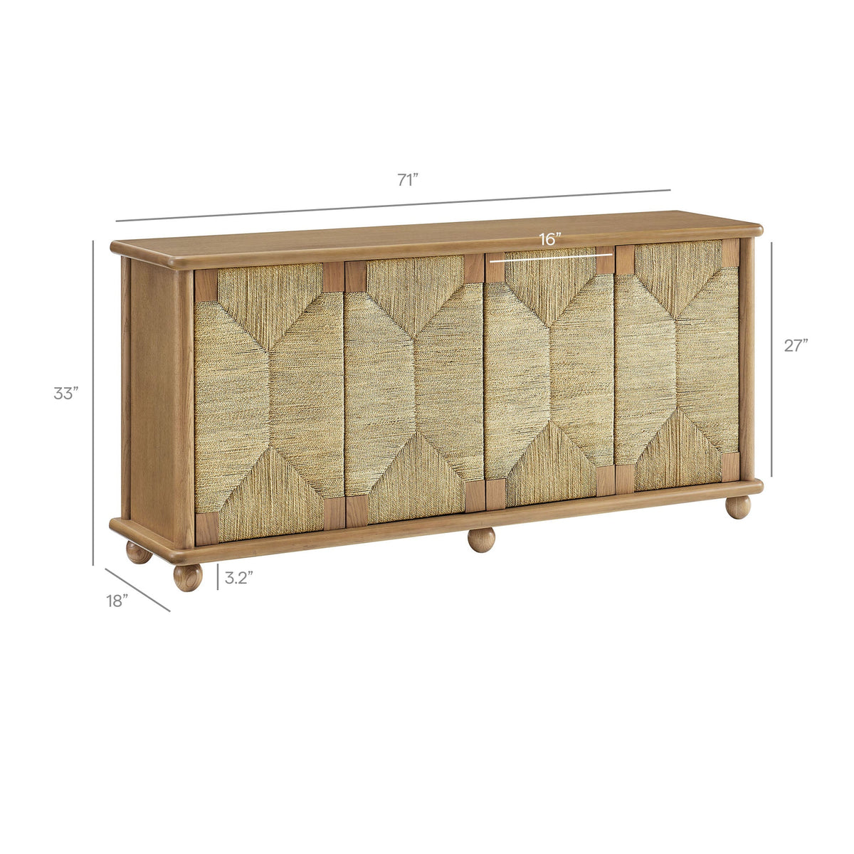 Marola 71 Inch Oak Wood Seagrass Sideboard by Modway with oak frame and woven seagrass panels on Tampa Home & Garden Store