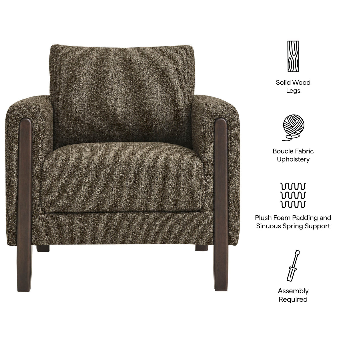 Hawken Boucle Fabric Accent Armchair by HouseOfZazla brown upholstery solid wood legs on Tampa Home & Garden Store
