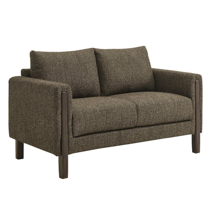 Hawken Boucle Fabric Loveseat brown boucle upholstery with wooden legs by HouseOfZazla on Tampa Home & Garden Store
