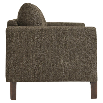 Hawken Boucle Fabric Loveseat brown boucle upholstery with curved back and dark wooden legs on Tampa Home & Garden Store
