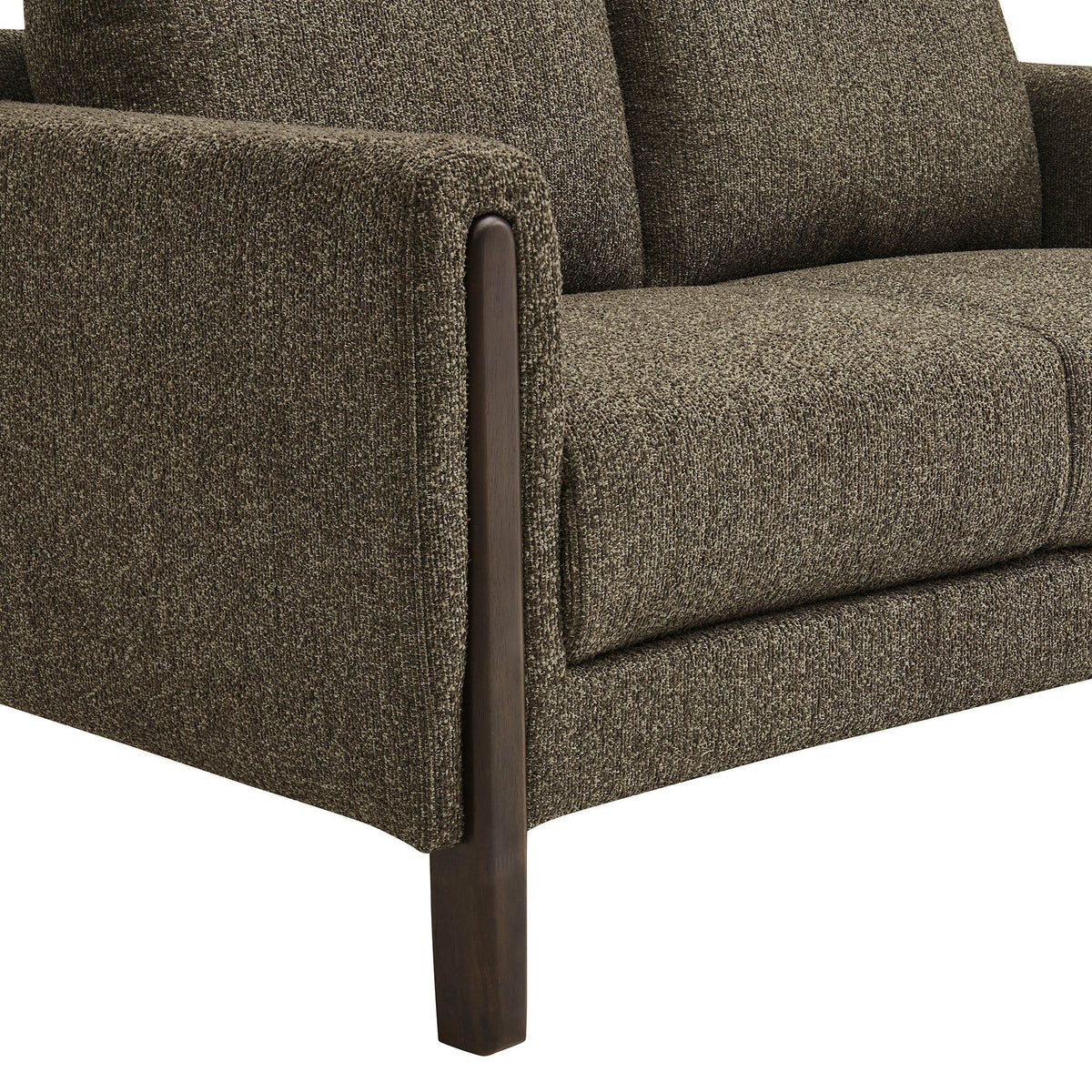Hawken Boucle Fabric Loveseat by HouseOfZazla, brown upholstery with dark wood legs on Tampa Home & Garden Store