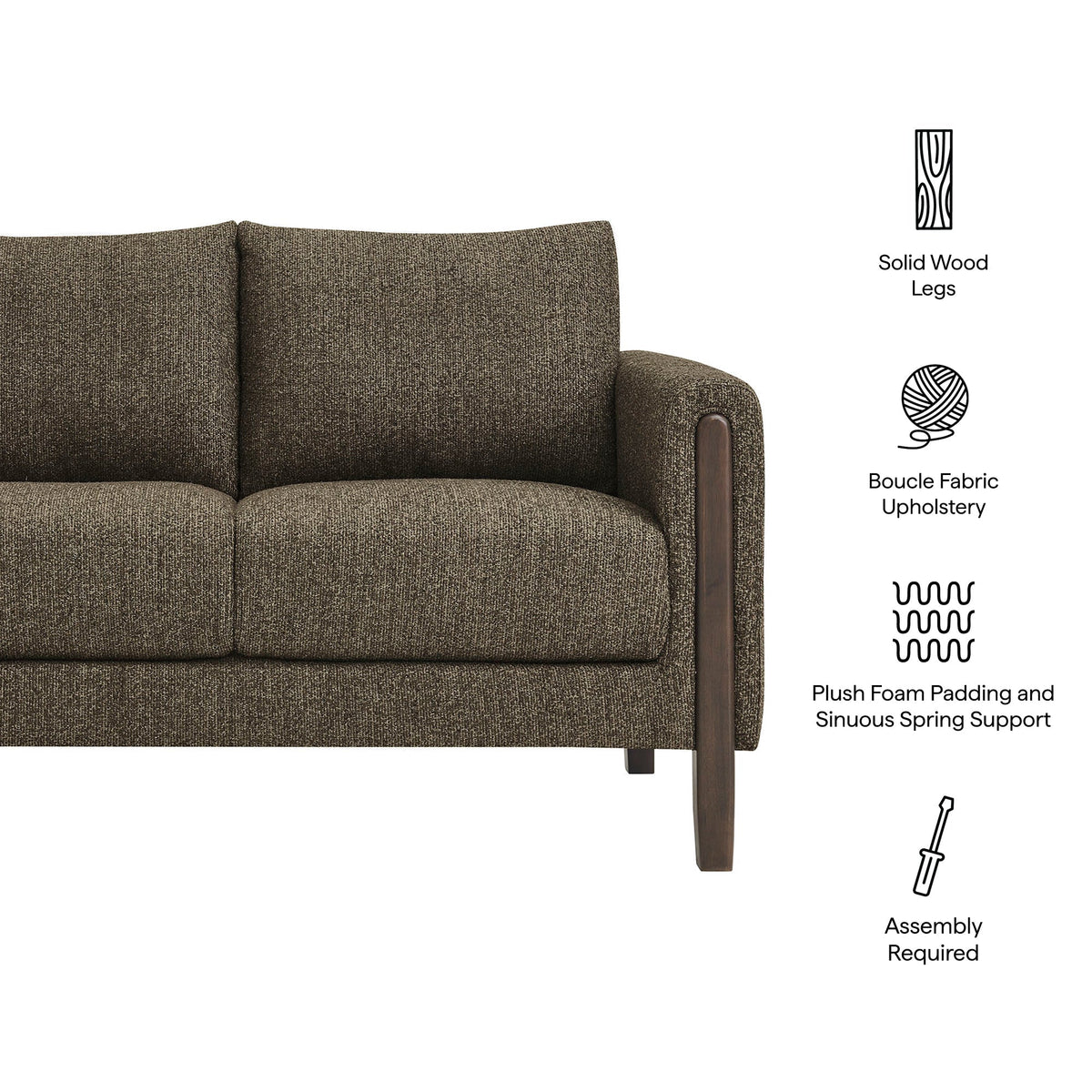 Hawken Boucle Fabric Loveseat brown boucle fabric with solid wood legs on Tampa Home & Garden Store