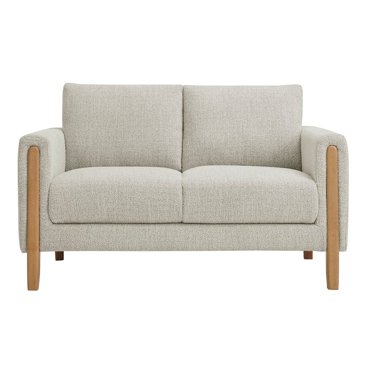 Hawken Boucle Fabric Loveseat beige boucle upholstery with natural wood legs on Tampa Home & Garden Store