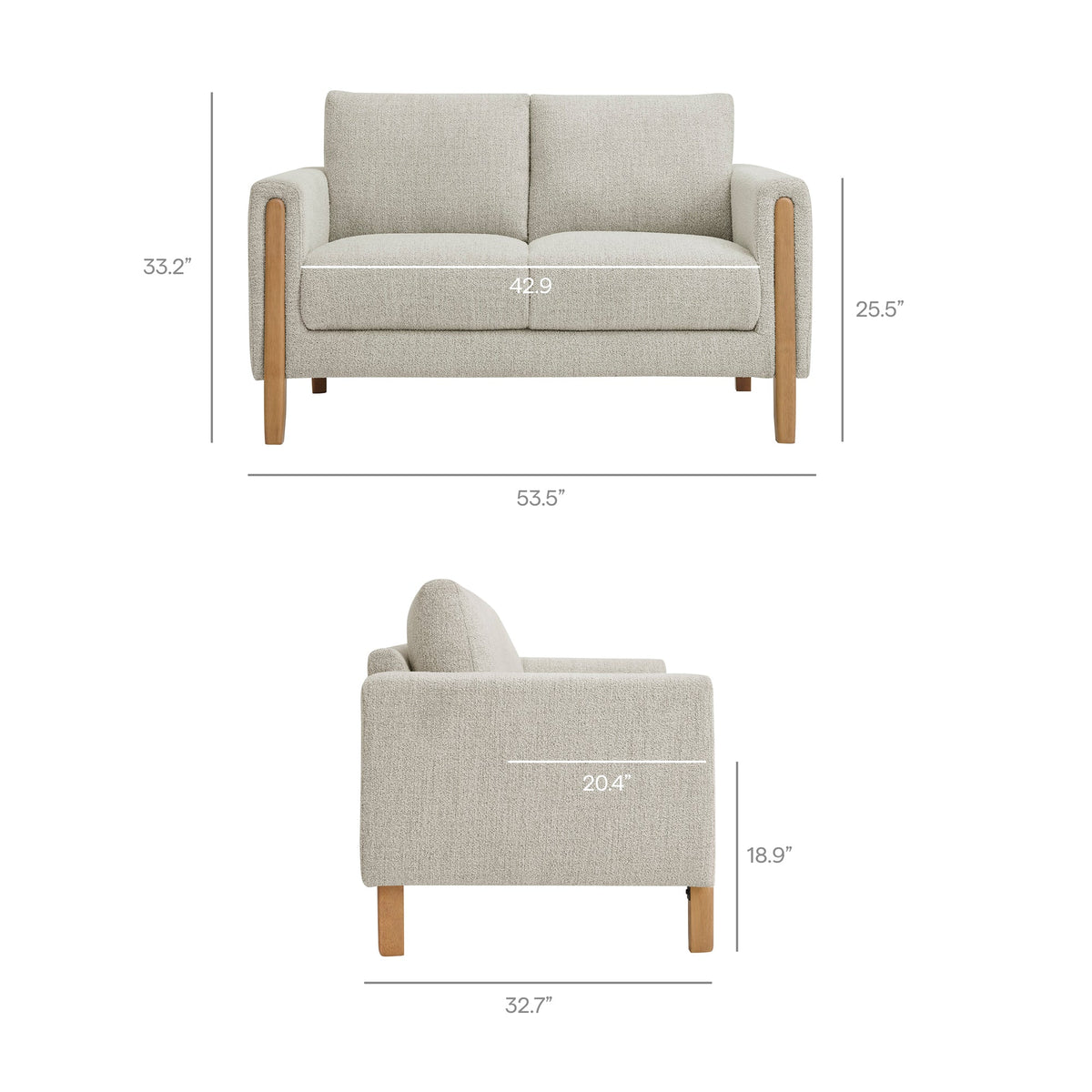 Hawken Boucle Fabric Loveseat beige boucle upholstery, wood legs, 2-seat sofa by HouseOfZazla on Tampa Home & Garden Store