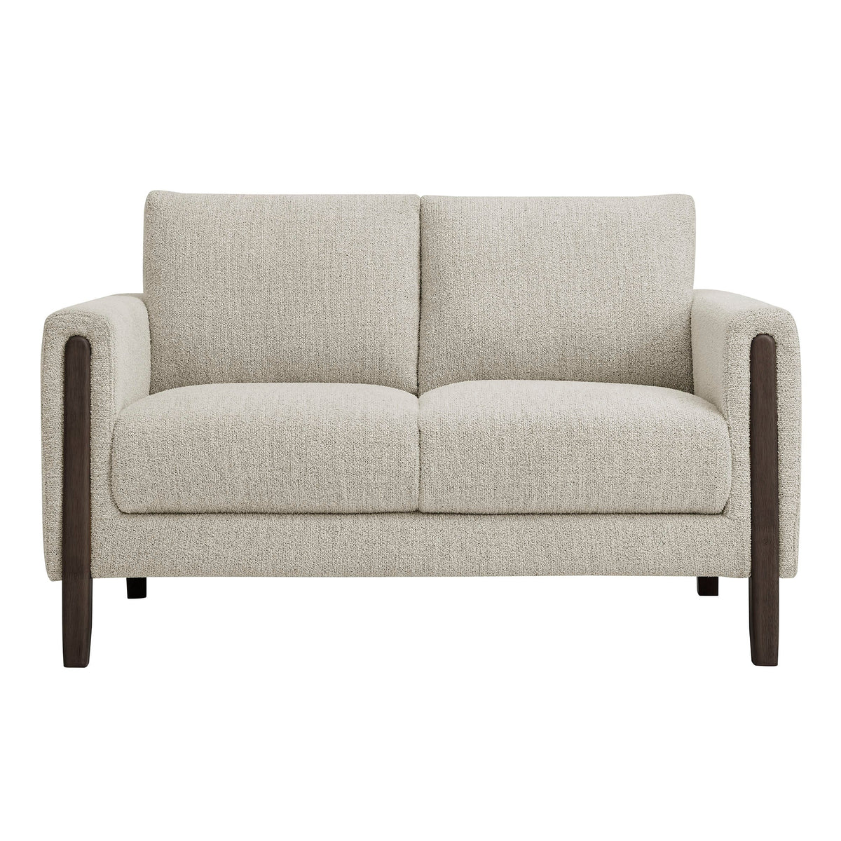 Hawken Boucle Fabric Loveseat by Modway beige boucle upholstery with dark wood arms and legs on Tampa Home & Garden Store