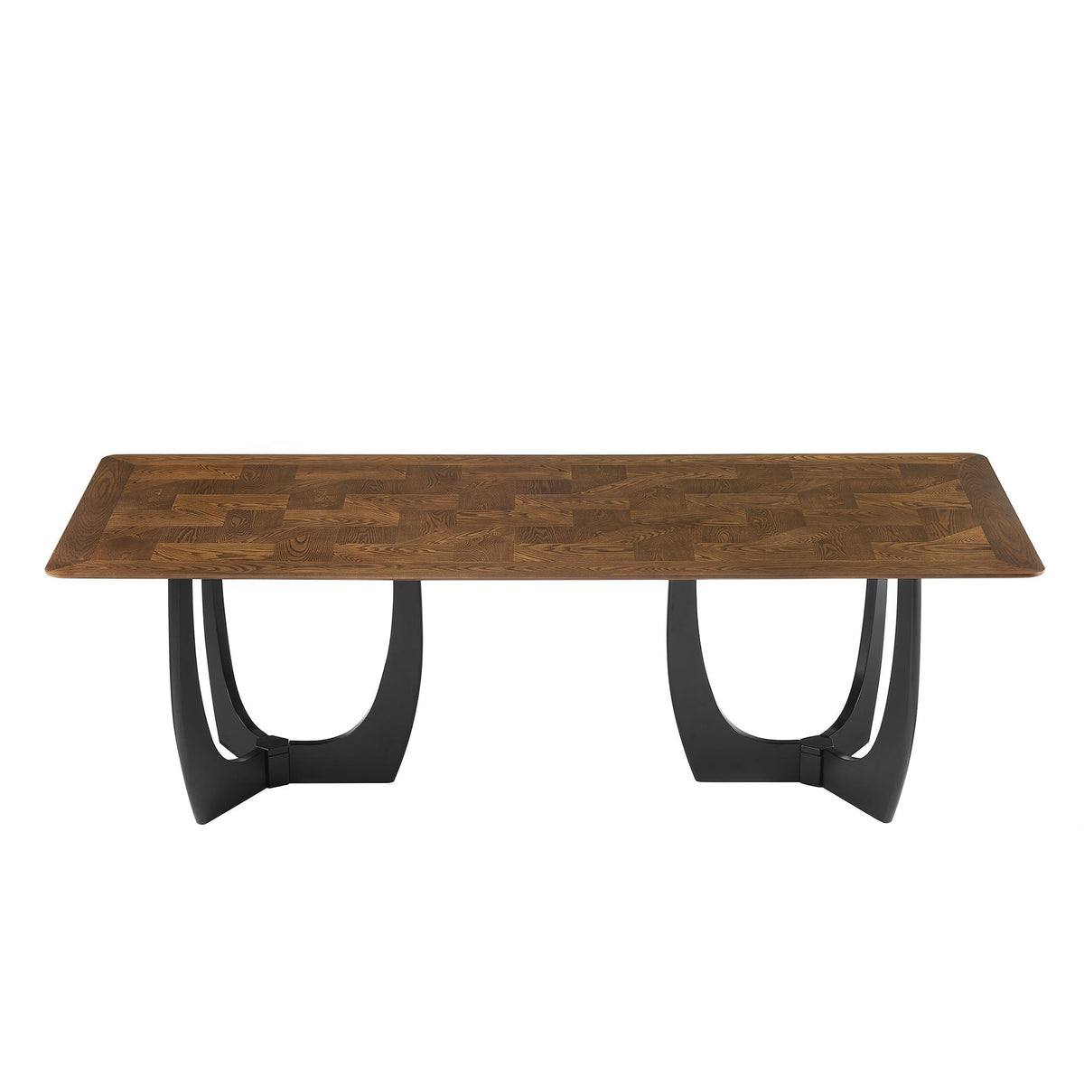 Wrenly 94-Inch Walnut Dining Table by Modway; walnut parquet top with black curved metal legs on Tampa Home & Garden Store
