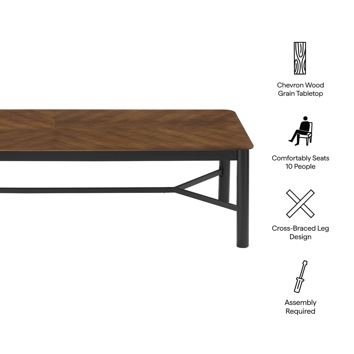 Ashlan 110in Rectangle Dining Table Chevron Wood Grain Top with cross-braced metal legs on Tampa Home & Garden Store