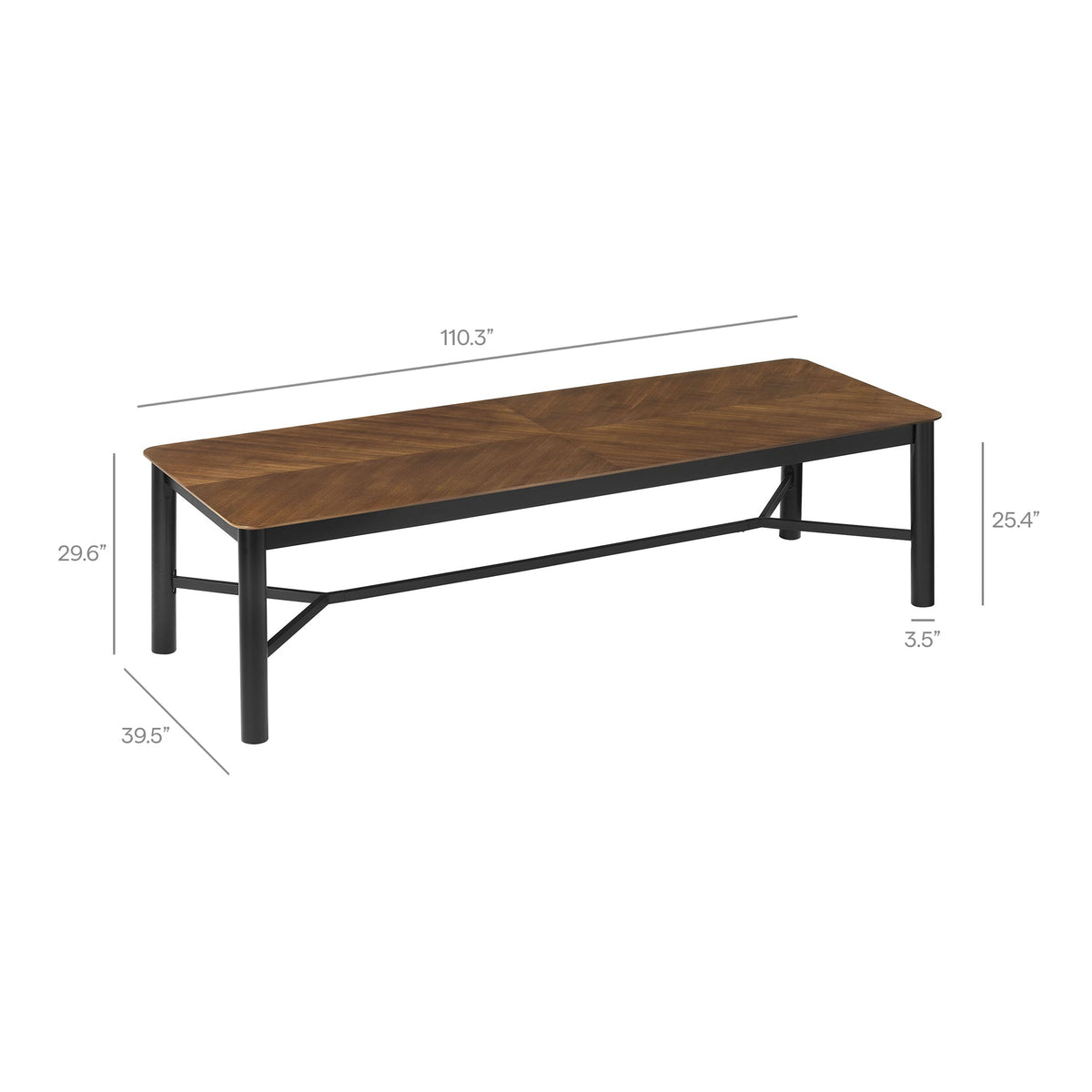 Ashlan 110in rectangle dining table with warm wood veneer top and black metal legs on Tampa Home & Garden Store