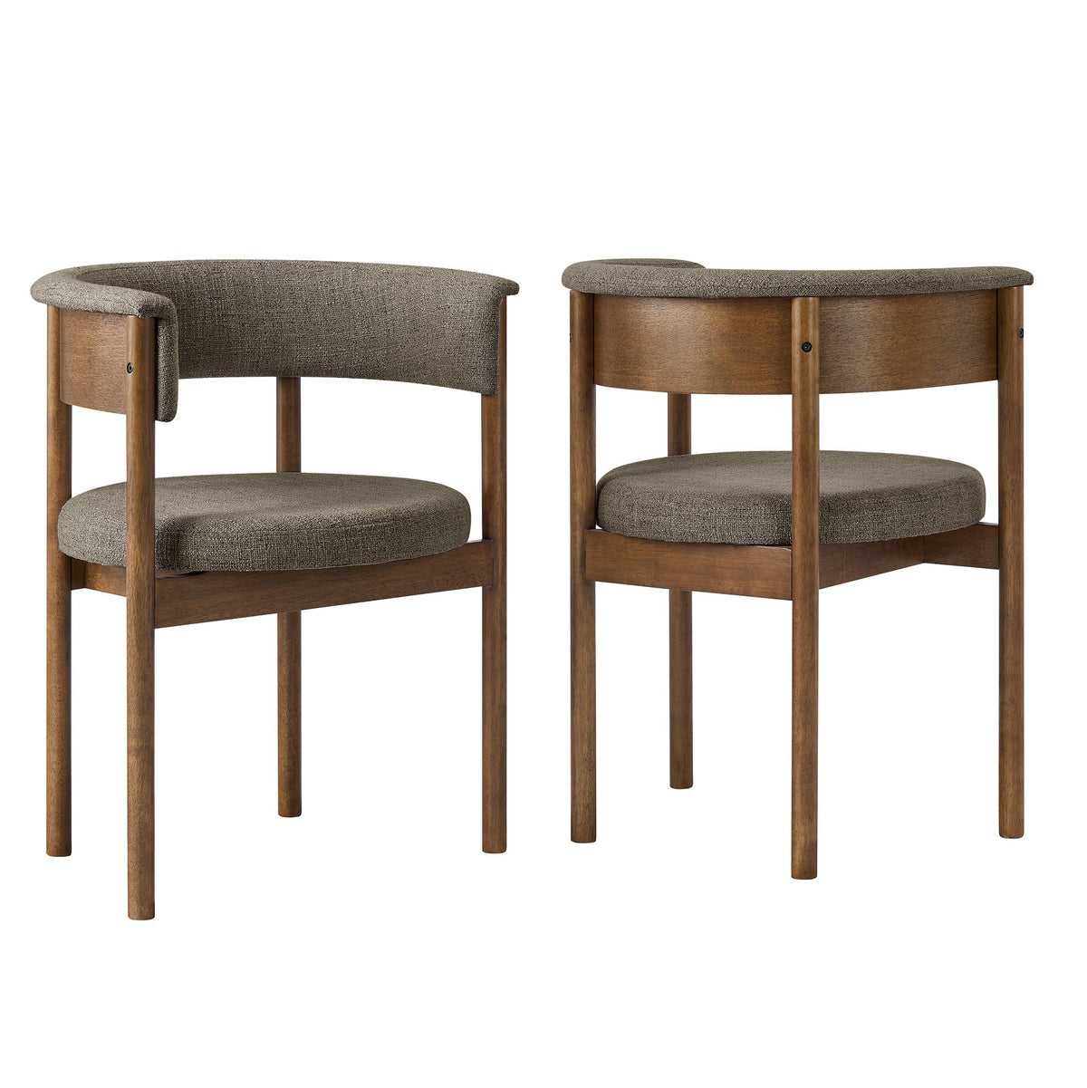 Clea curved upholstered dining chairs set of 2 with taupe fabric on walnut wood frames on Tampa Home & Garden Store