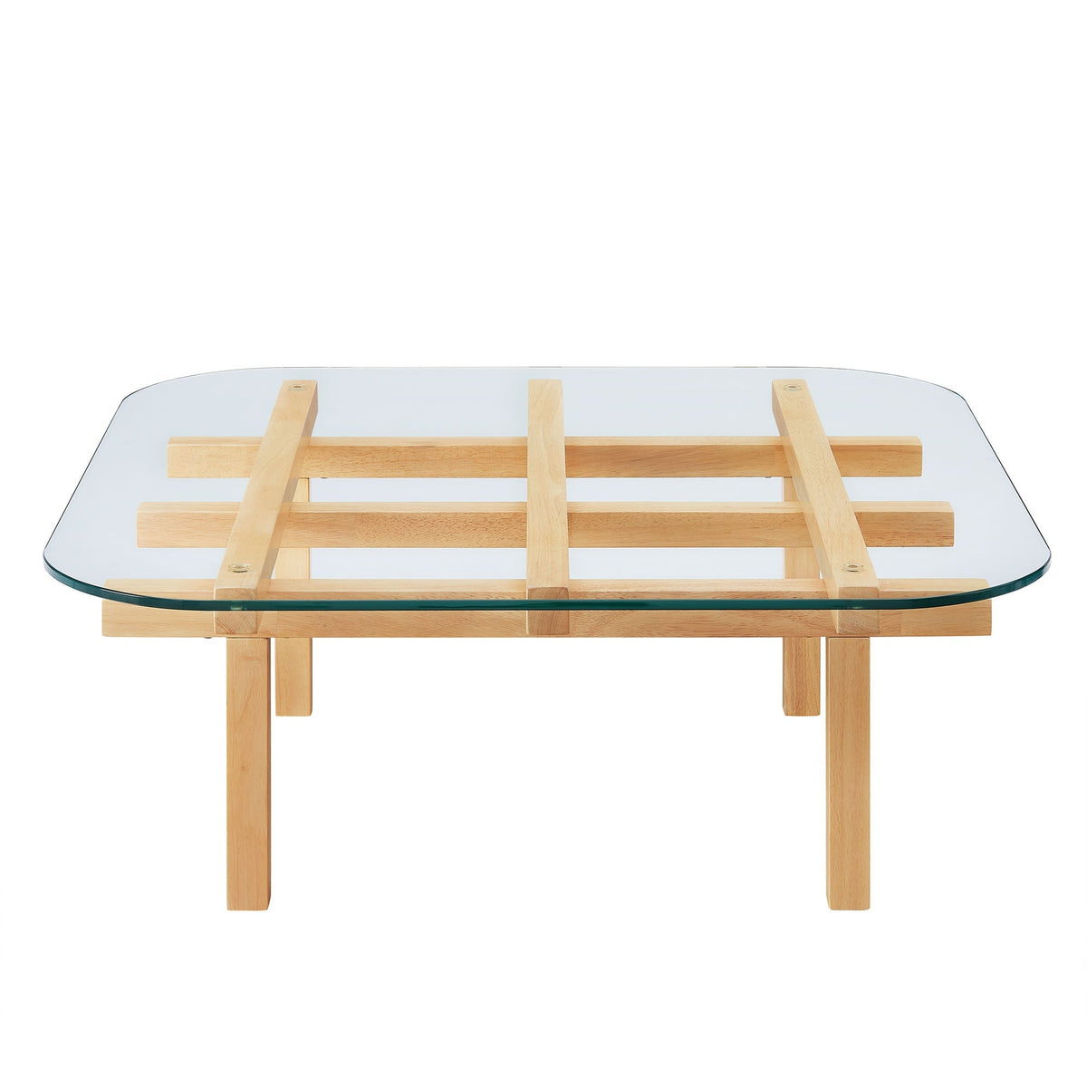 Isby 35 Inch tempered glass coffee table with natural wood slat base on Tampa Home & Garden Store