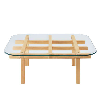 Isby 35 Inch tempered glass coffee table with natural wood slat base on Tampa Home & Garden Store
