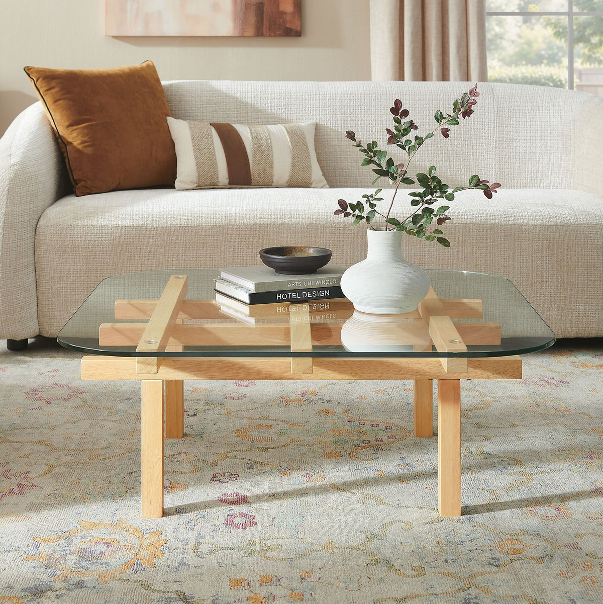 Isby 35 Inch tempered glass coffee table by Modway with natural wood base in a living room on Tampa Home & Garden Store