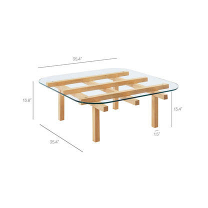 Isby 35 Inch Tempered Glass Coffee Table with natural wood slat base on Tampa Home & Garden Store