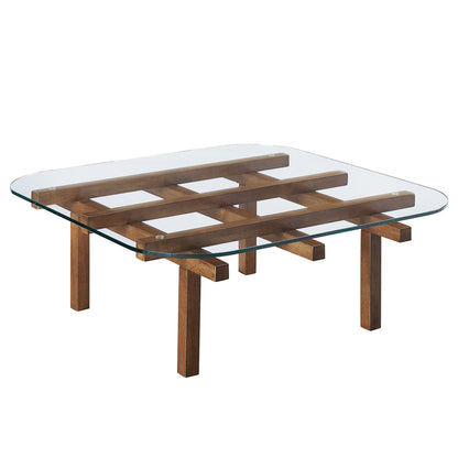 Isby 35 Inch tempered glass coffee table with warm brown wooden lattice base on Tampa Home & Garden Store