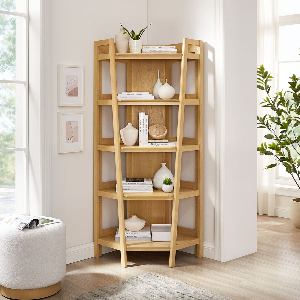 Bixby 71 Inch Corner Bookshelf natural wood decor shelf with books and white ceramic vases on Tampa Home & Garden Store