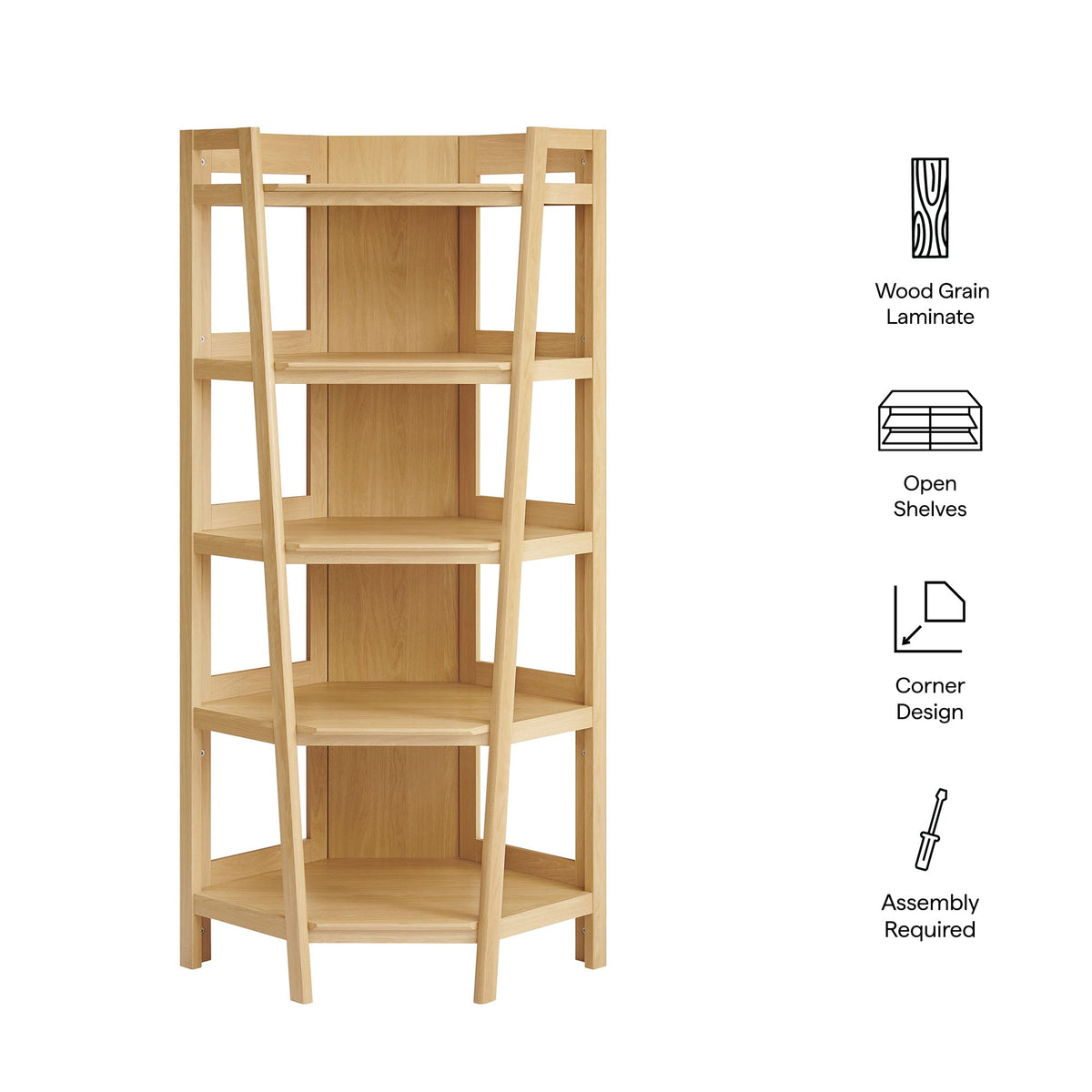Bixby 71 Inch Corner Bookshelf by Modway, natural wood grain laminate with open corner shelves on Tampa Home & Garden Store