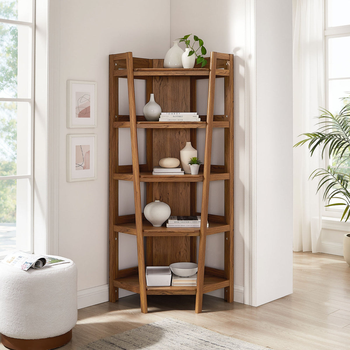 Bixby 71 Inch Corner Bookshelf by Modway wooden oak shelving unit with vases and books on Tampa Home & Garden Store