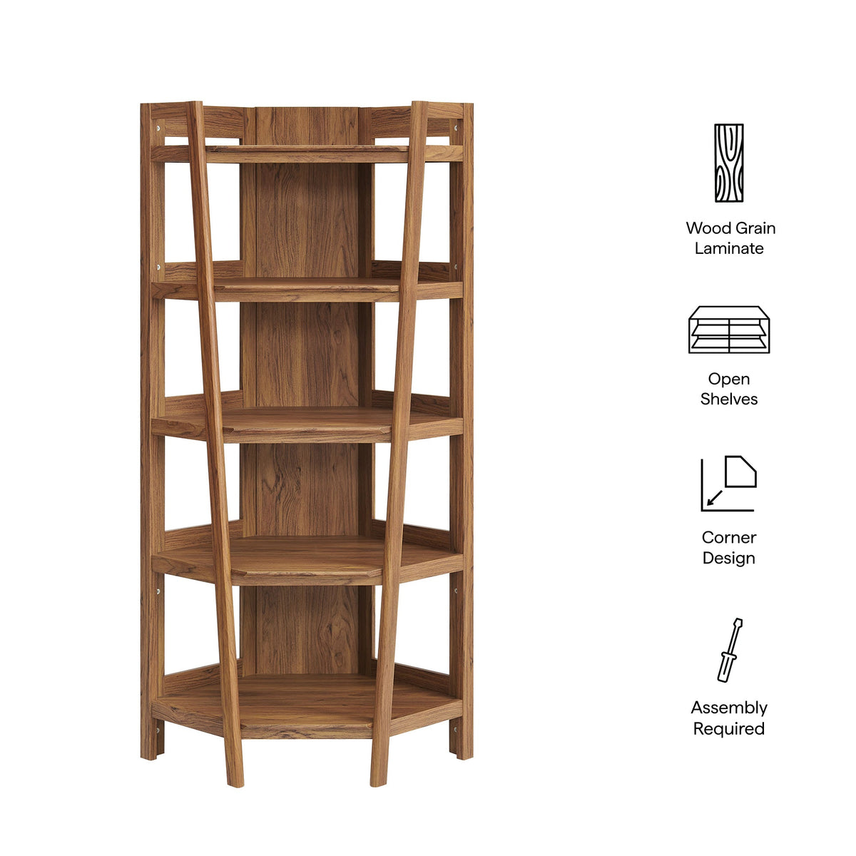 Bixby 71 Inch Corner Bookshelf wood grain laminate open shelves decor on Tampa Home & Garden Store