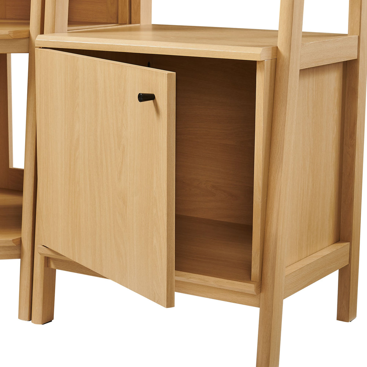 Bixby 3-piece Corner Bookshelf Set with Narrow Bookshelves in light oak finish; cabinet with black knob on Tampa Home & Garden Store