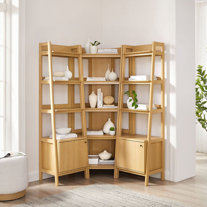 Bixby 3-piece corner bookshelf set by Modway in light oak finish; narrow shelves with books, white ceramic vases and a plant on Tampa Home & Garden Store
