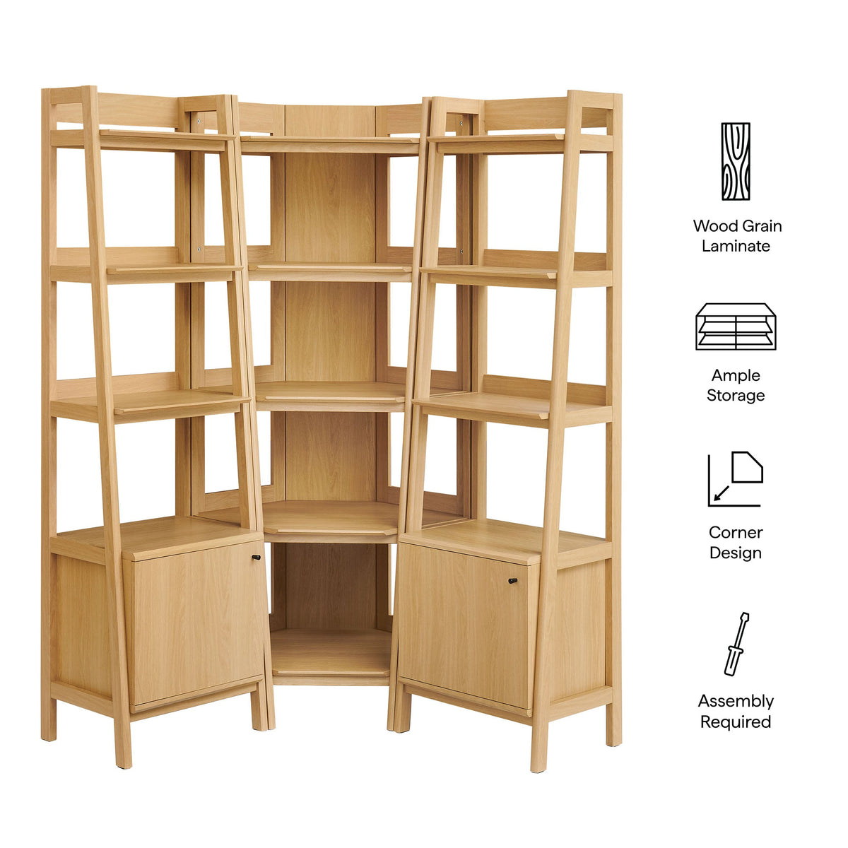Bixby 3-piece Corner Bookshelf Set with Narrow Bookshelves in wood grain laminate on Tampa Home & Garden Store